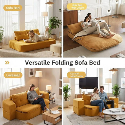 78.7" Convertible Sofa Bed Couch, Corduroy Upholstered Boneless Futon Loveseat Sleeper, Foldable Floor Sofa Chair with Pillows, Chaise Lounge for Living Room Bedroom Apartment, No Assembly Needed