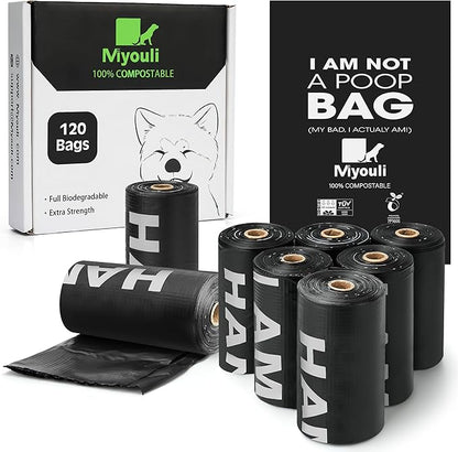 100% Certified Compostable Dog Poop Bag Rolls, 120 Bags (8 Rolls) Eco-Friendly Poop Bags for Dogs, Leak Proof Unscented Easy Open Poop Waste Bag（Black）