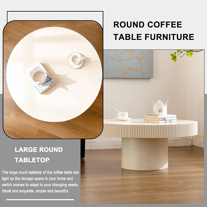 Round Coffee Table, Handcrafted Fluted Drum Coffee Tables Modern Wood Coffee Table Circle Drum Center Table for Living Room, Apartment (White Thin)