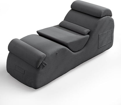 DRMBOOK Yoga Chairs for Adults, Corduroy Fabric Chaise Lounge with Headrest, Boneless Yoga Sofa Couch with Waist Cushion, Movable Footrest, Side Pockets for Relaxation Exercise Stretching (Grey)