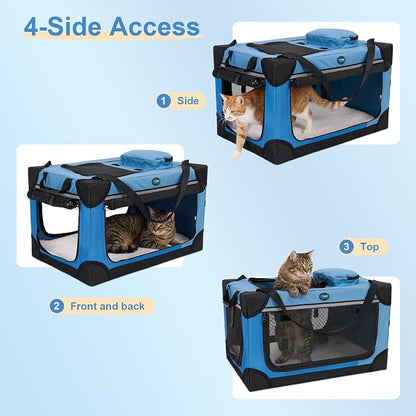 Ownpets Extra Large Cat Carrier for 2 Cats Small Dogs, 24 Inches Collapsible Soft Dog Crate for Car Travel, Portable Pet Carrier with Soft Mat, Blue | Foldable, Portable, 4-Doors, 4-Side Mesh Windows, Steel Frame Oxford Cloth, Soft Cushion Mat, Leash, ...