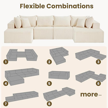 Oversize 131” Boneless Couch for Living Room, Comfort U Shaped Cloud Couch Sectional, Extra Deep Seats Corduroy Modular Sectional Sofa No Assembly,Beige