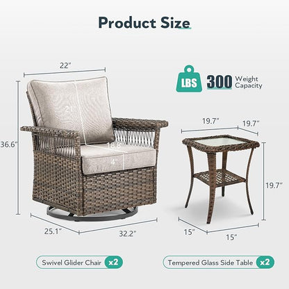 Outdoor Swivel Glider Chairs - 3 Pieces Hollow Widen Armrests Wicker Patio Furniture Set with Side Table, High Back Outside Swivel Rocker for Balcony Porch Deck and Yard - Brown/Beige