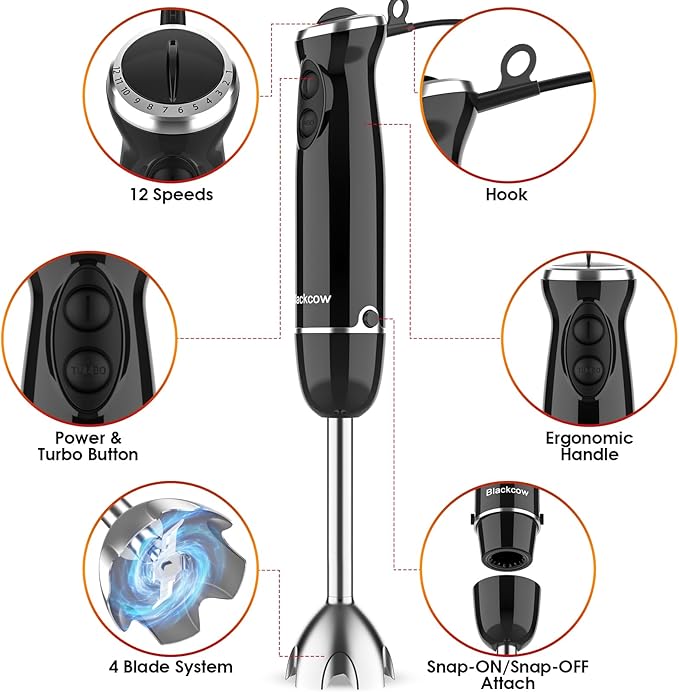 Blackcow Immersion Blender Handheld, 500W Electric Hand Blender, Electric Hand