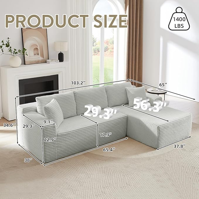 Modular Cloud Sectional Couch with L-Shape Chaise,Modern Upholstered Couches with Deep Seat,Corduroy Sponge Compressed Sofa for Living Room, Bedroom,No Assembly Required(Light Gray)