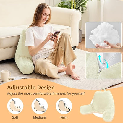 Sasttie Reading Pillow, Velvet Back Pillow for Bed Sitting Up, Adult Back-Rest Support Cushion with Arms for Sit Up on Couch, Sofa, and Floor, Dorm Essentials, Reading Accessories, Cream