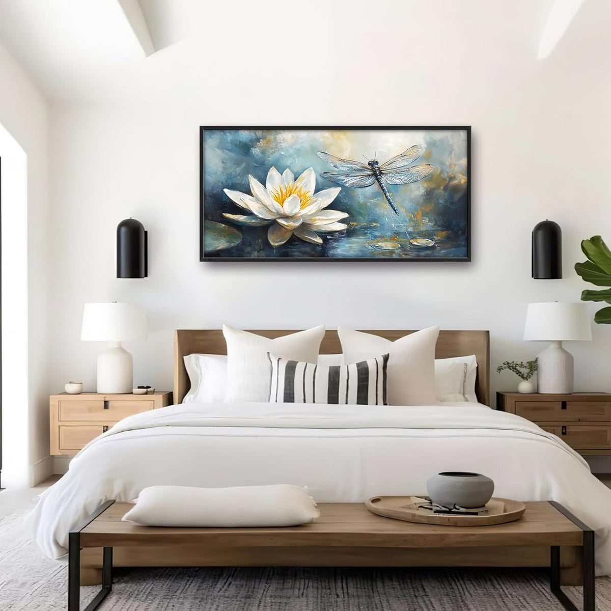 Extra Large Lotus Dragonfly Framed Wall Art for Living Room,Abstract Blue Lotus Flower Lake Pictures Wall Decor,Nature Canvas Print Painting Modern Artwork Bedroom Office Bathroom 60L" x 30W"