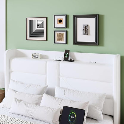 Allewie Queen Size Platform Bed Frame with Charging Station & Storage Headboard, Upholstered Velvet Wingback Design & USB Port, Strong Wooden Slats Support, No Box Spring Needed, Easy Assembly, White