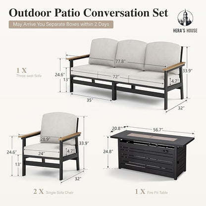 HERA'S HOUSE HDPE Patio Furniture Set, 4-Piece Outdoor Wicker Conversation Couch Set with 57" Fire Pit Table and Thick Cushion, All-Weather Patio Sofa Set for Backyard Garden Deck