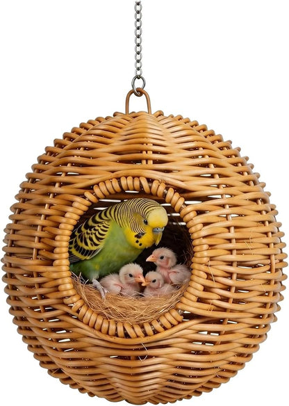 Washable & Breathable Plastic Rattan Bird Nest - Round Hanging Parrot Hammock Hut, Easy-Clean Cool Hideout for Sleeping, Egg Laying & Resting, Budgie, Lovebird, Cockatiel & Canary