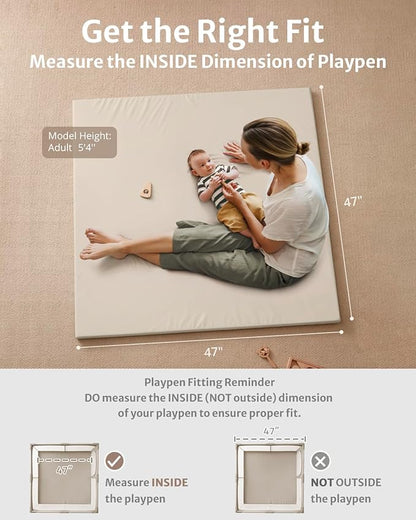 Blissful Diary Vegan Leather Baby Play Mat, 47x47 Thick Foam Cushioned & Waterproof Playpen Mat for Infants and Toddlers, Stylish and Just Wipe-Clean Playmat for Baby Play on Floor, Beige