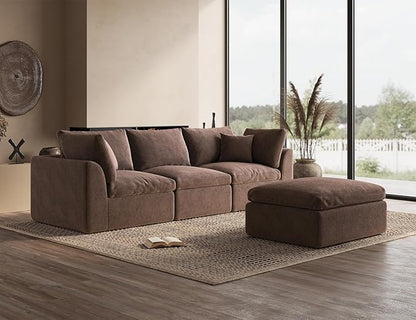 ohllob 110" Cloud Sectional Couches for Living Room, Boneless L-Shape Couch with Ottoman, 3 Seater Modular Sectional Sofa, Brown