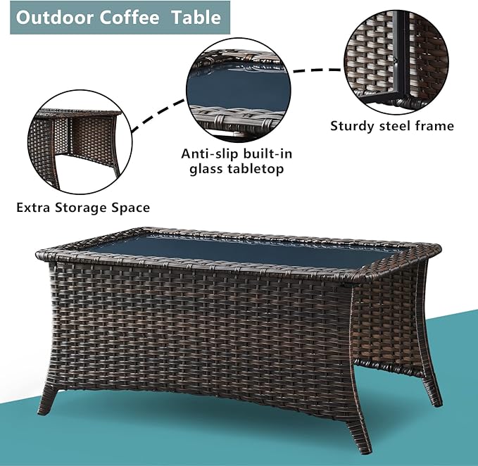 Outdoor Patio Furniture Sofa Set - 7 Piece Rattan Wicker Patio Sectional Conversation Sets with 1 Sofa,1 Loveseat,1 Coffee Table,2 Armrest Chairs and 2 Ottomans for Porch Deck Garden(Brown/Red)