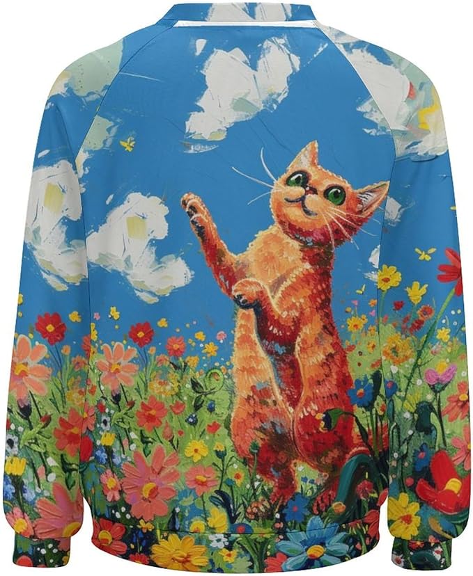 Long Sleeve Shirts for Women Cat Oil Painting Shirt 3D Graphic Sweatshirts Fall Pullover Crewneck Vintage Boho Tops
