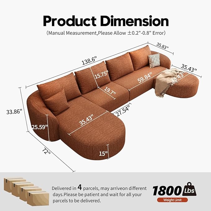 138.6" Modular Sectional Couches Luxury Modern Curved Back U-Shape Sofa Set with Ottoman,Minimalist Comfy Boneless Cloud Couch for Living Room Apartment,(Left Facing Chaise,Orange)