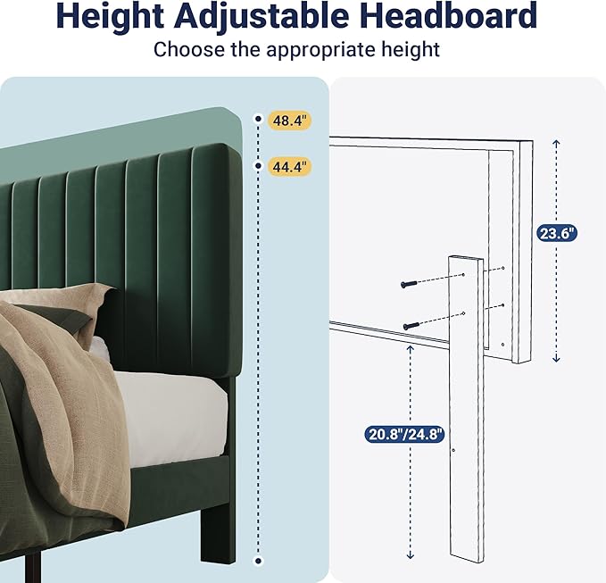 Allewie Twin Bed Frame, Velvet Upholstered Platform Bed with Adjustable Vertical Channel Tufted Headboard, Mattress Foundation with Strong Wooden Slats, Box Spring Optional, Easy Assembly, Green