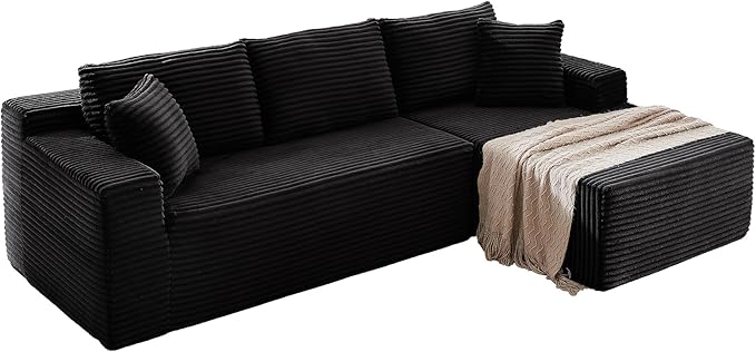 104 Inch Cloud Sectional Couch with L-Shape Chaise,Modern Upholstered Couches with Deep Seat,Corduroy Sponge Compressed Sofa for Living Room, Bedroom,No Assembly Required(Black)