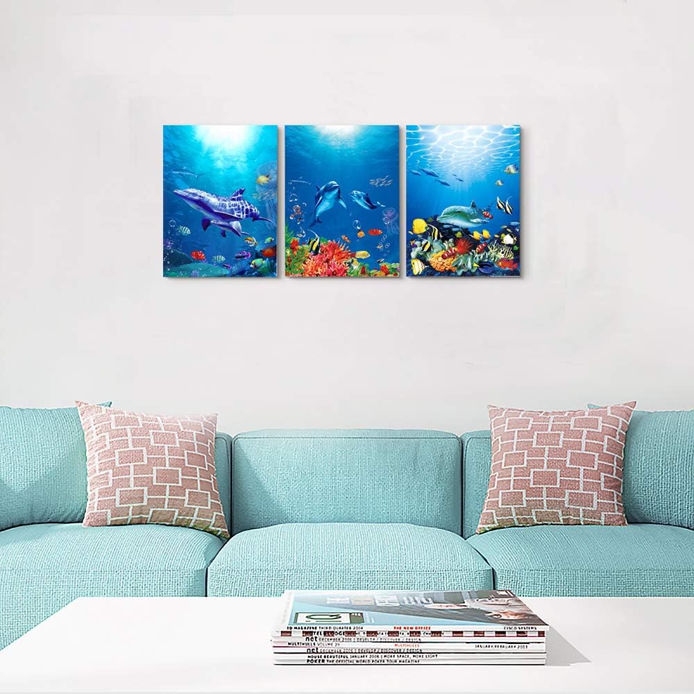 blue ocean fish 3 Pieces Framed Wall Art for Living Room Bathroom Wall Decoration Canvas Print Children's Bedroom Wall decor Office Kitchen Home Decoration Underwater World Watercolor Painting