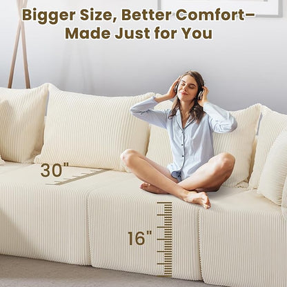 Oversize 131” Boneless Couch for Living Room, Comfort U Shaped Cloud Couch Sectional, Extra Deep Seats Corduroy Modular Sectional Sofa No Assembly,Beige