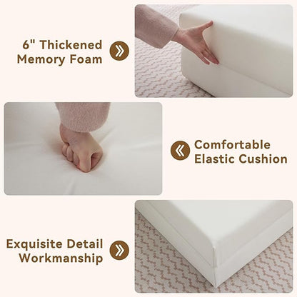 WUTUTUEE Folding Sofa Bed Convertible Floor Couch Foldable Chair Bed with Pillow，Linen Sleeper Chair Futon,Foldable Memory Foam Mattress for Bedroom/Living Room/Dorm/Office (Beige, Standard)