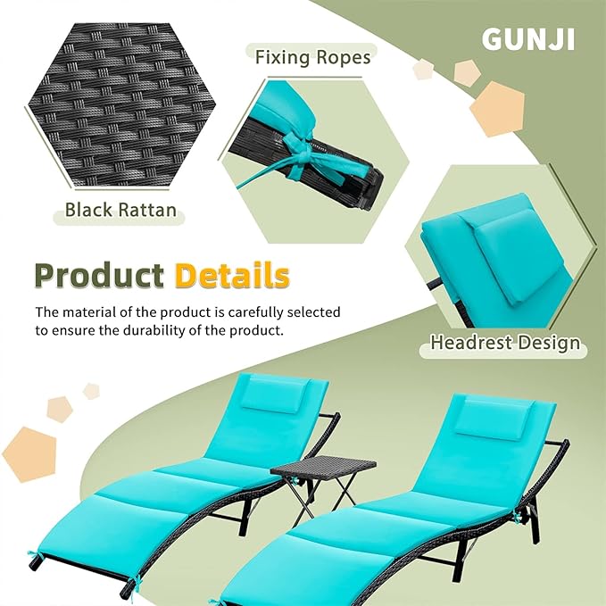 GUNJI Lounge Chairs for Outside 3 Pieces Patio Adjustable Chaise Lounge Outdoor Wicker Lounge Chairs Set of 2 with Table Folding Chaise Lounger for Poolside, Deck, Lawn (Blue)