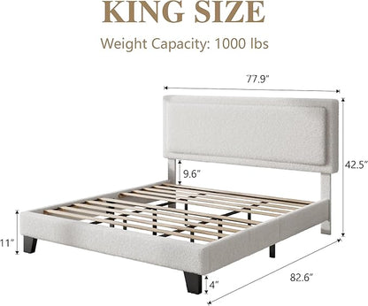King Size Bed Frame with Adjustable Headboard, Boucle Cloud Platform Bed with Wood Slats, Mattress Foundation, No Box Spring Needed, Easy Assembly, Beige
