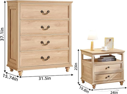24" Wide Farmhouse Nightstand with Charging Station Set of 2, 37" Tall Rustic Chests of Drawers w/ 4 Solid Wood Feet, Farmhouse Furniture Series for Living Room,Bedroom,Wood