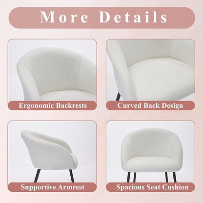 Modern Small Accent Chair Set of 2, Comfy Sherpa Makeup Vanity Chair with Metal Legs, Decorative Chair no Wheels for Living Room, Dressing Room, Bedroom, White