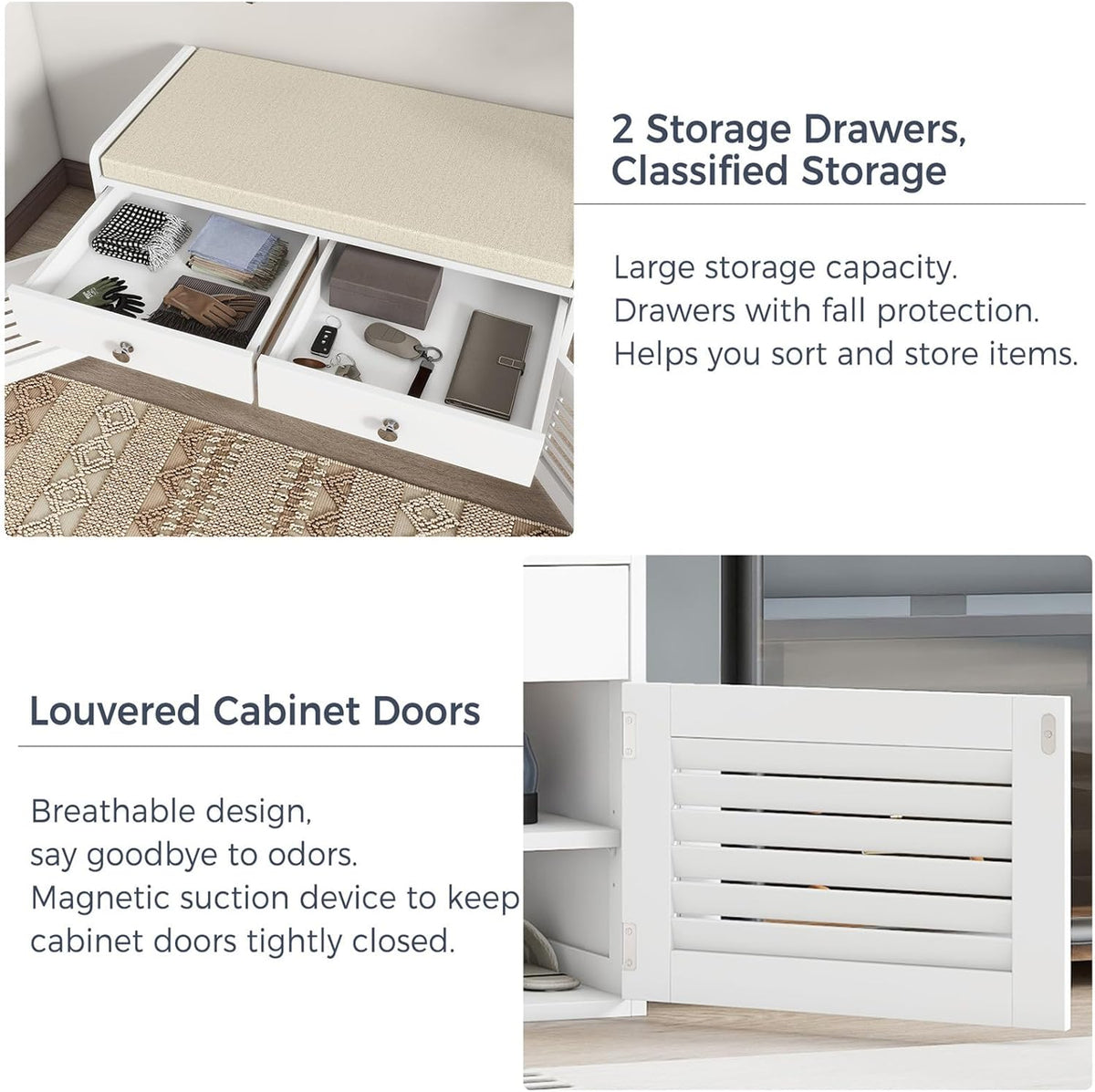 Shoe Storage Bench with 2 Drawers & 2 Doors, Entryway Bench with Cushion, 2 Adjustable Shelves, Shoe Cabinet for Entryway, Living Room, Hallway, Mudroom, Bedroom, White