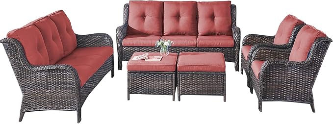 Rilyson Wicker Patio Furniture Sofa Set - 6 Piece Rattan Outdoor Patio Sectional Conversation Sets with 2 Sofa,2 Armrest Chairs and 2 Ottomans for Porch Deck Garden(Brown/Red)