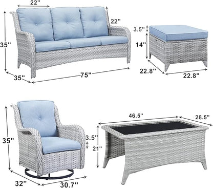 Patio Furniture Swivel Chairs Set - 8 Piece Wicker Rattan Outdoor Sectional Conversation Sets with 4 Swivel Rocking Chairs,2 Ottomans,1 Sofa and 1 Coffee Table for Porch Deck(Light Grey/Sky Blue)