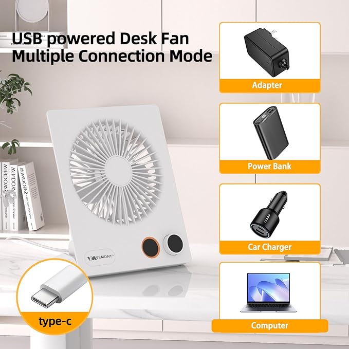 VEMONT 180°Foldable Portable Personal Fan Built-in 5000mAh Rechargeable Battery