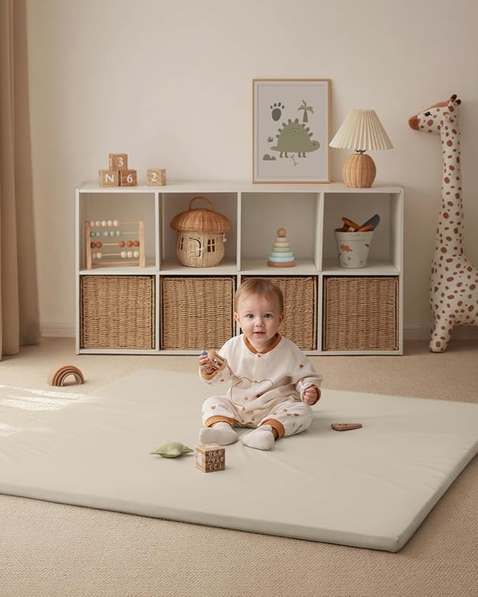 Blissful Diary Vegan Leather Baby Play Mat, 47x47 Thick Foam Cushioned & Waterproof Playpen Mat for Infants and Toddlers, Stylish and Just Wipe-Clean Playmat for Baby Play on Floor, Beige
