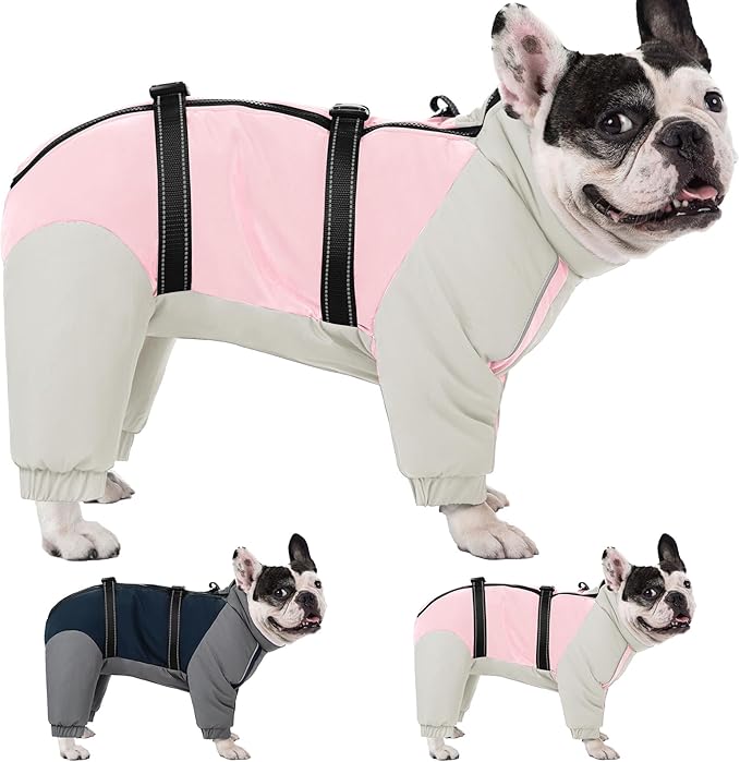 KOESON Four Legged Winter Coat, Warm Dog Jacket with Adjustable Buckles, Turtleneck Windproof Fleece Jackets, Reflective Fullbody Snowsuit Puffer Coat Pink Grey L