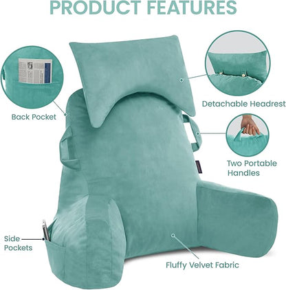 Unisakey Portable Reading Pillows with Headrest for Bed Sitting Up(Lake Blue Oeko-Tex), Velvet Back Pillow with Arms & Pockets for Adults, Support Memory Foam Bed Pillow for Dorm/Watching/Gaming