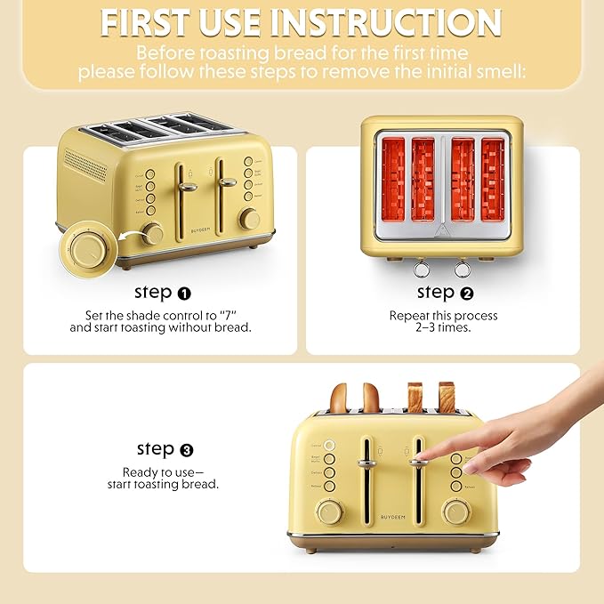 BUYDEEM DT640 Retro 4 Slice Toaster, 7 Shade Settings, Extra Wide 1.5'' Slots