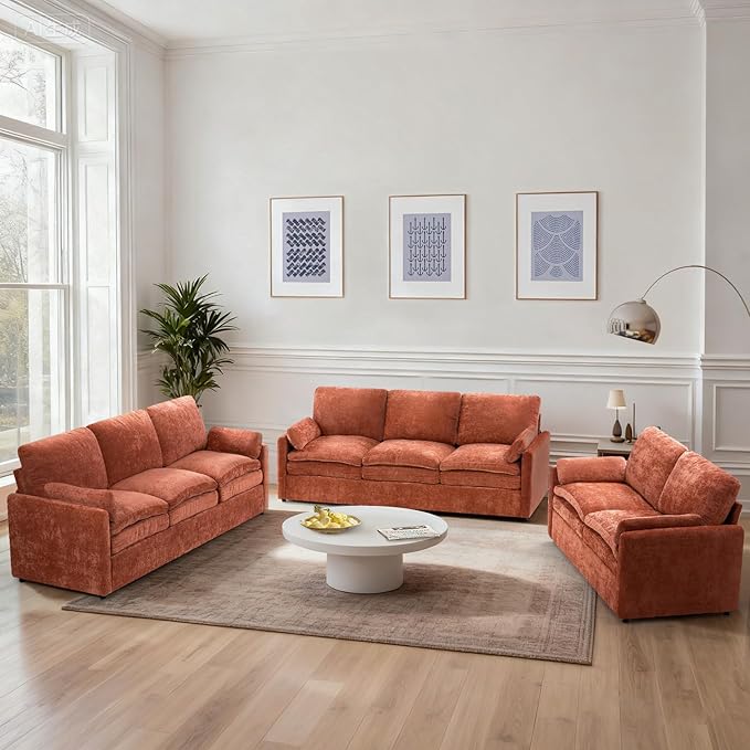 3 Pieces Chenille Sofa Set w/Arm Pillows, Upholstered Loveseat & 2 Pieces 3 Seater Sofa w/Comfortable Back Cushions, Modern 2-Seat & 3-Seat w/High-Density Foam for Living Room, Orange