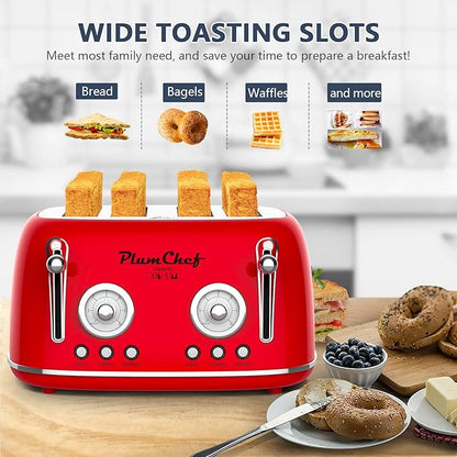 Plumchef 4 Slice Wide Slot Retro Style Toaster, Dual Control Toaster wtih Timer