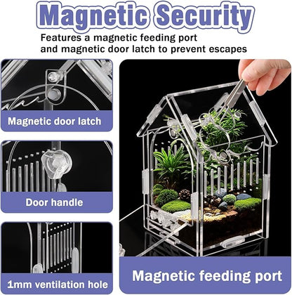Jumping Spider Enclosure Kit Acrylic Terrarium for Tarantulas, Reptiles & Praying Mantis | Magnetic Feeding Port & Secure Latch | Arboreal Enclosure with Ventilation & Front Door