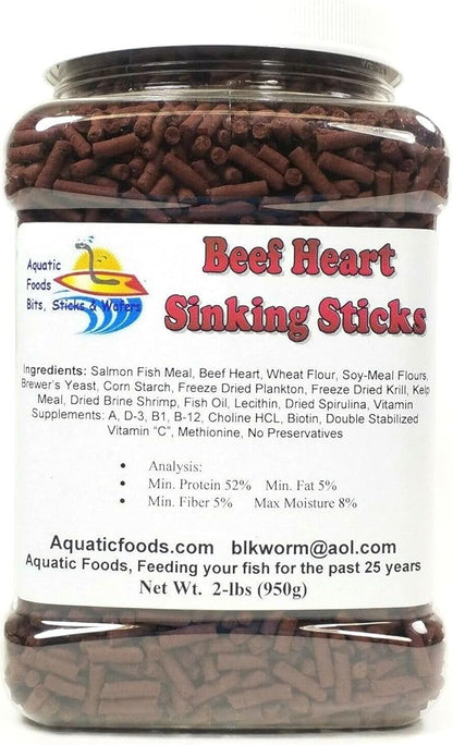 Aquatic Foods Inc. Beef Heart Sinking Sticks, APX 1/8" x 7/16" Beef Heart Sticks for Discus, Cichlids, Koi & Pond Fish, Great for All Tropical Fish - 2-lbs Large Jar