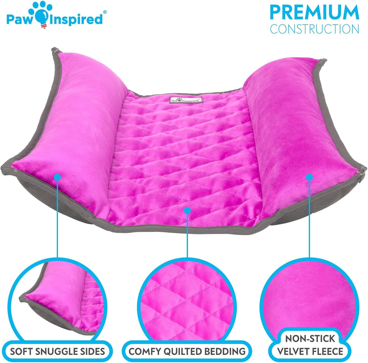 Paw Inspired Snuggle Bunny Bolster Bed for Rabbits, Cats, Dogs and Other Small Pets, Reversible Fleece Flop Bedding with Padded Sides (Gray/Pink)