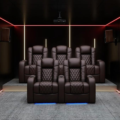 Weilianda Home Theater Seating Top Grain Leather Zero Gravity Recliner Chair Power Headrest Recline Movie Seat Gaming 7 Colors Mood Light Sofa with Tray Table USB Charge Row of 1 Brown