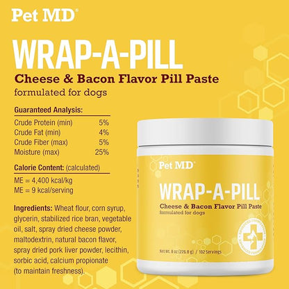 Pet MD Wrap A Pill Cheese & Bacon Flavor Pill Paste for Dogs - Make a Pocket or Pouch to Hide Pills & Medication - 8 oz