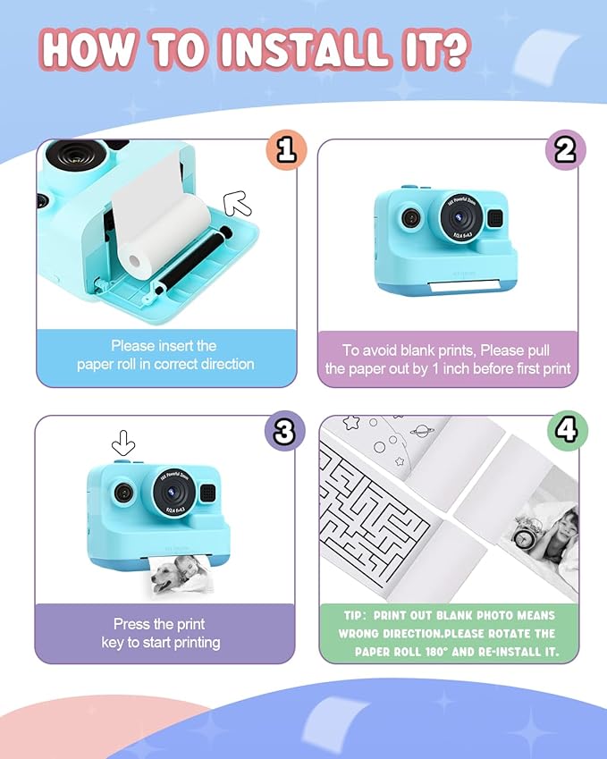 Kids Camera Instant Print,1080P Kids Instant Cameras That Print Photos,Christmas Birthday Gifts for Girls Age 3-12,Portable Toy for 3 4 5 6 7 8 9 10 Year Old Girls Boys-Blue