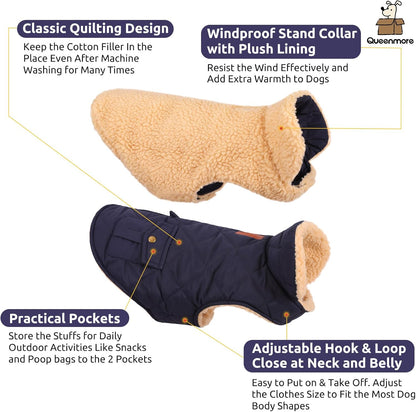 Queenmore Warm Puffer Dog Coat, Quilting Winter Jacket Ultra Thick Plush Lining with Storage Pockets (Dark Navy, X-Large)