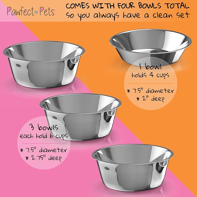 Elevated Dog Bowl Stand- 7" Raised Dog Bowl for Medium Dogs. Pet Feeder with Four Stainless Steel Bowls (Black)