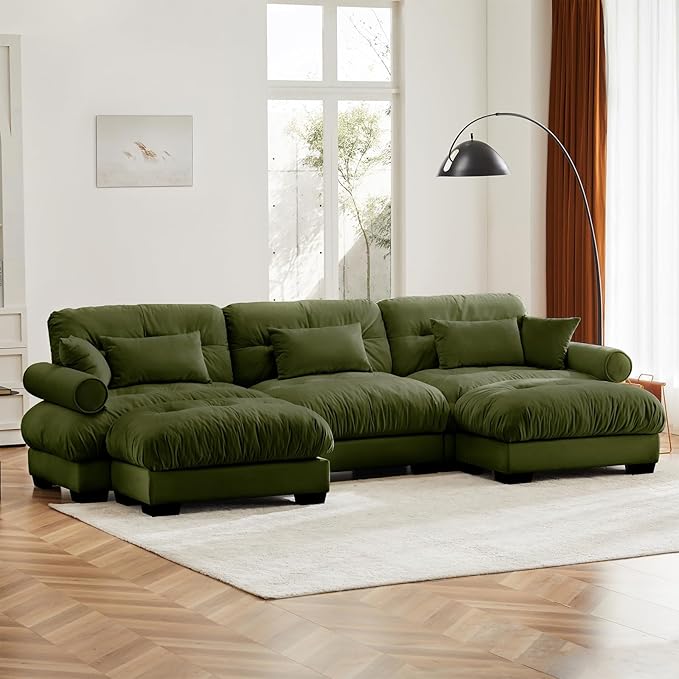 130"Oversized Couch, 3 Seater Modular Sectional Sofa, Olive Green Large U Shaped Sectional Couches for Living Room, Fluffy Couch Set, 3 Seater, Velvet Cloud Couches with Ottoman, Sofas for Living Room