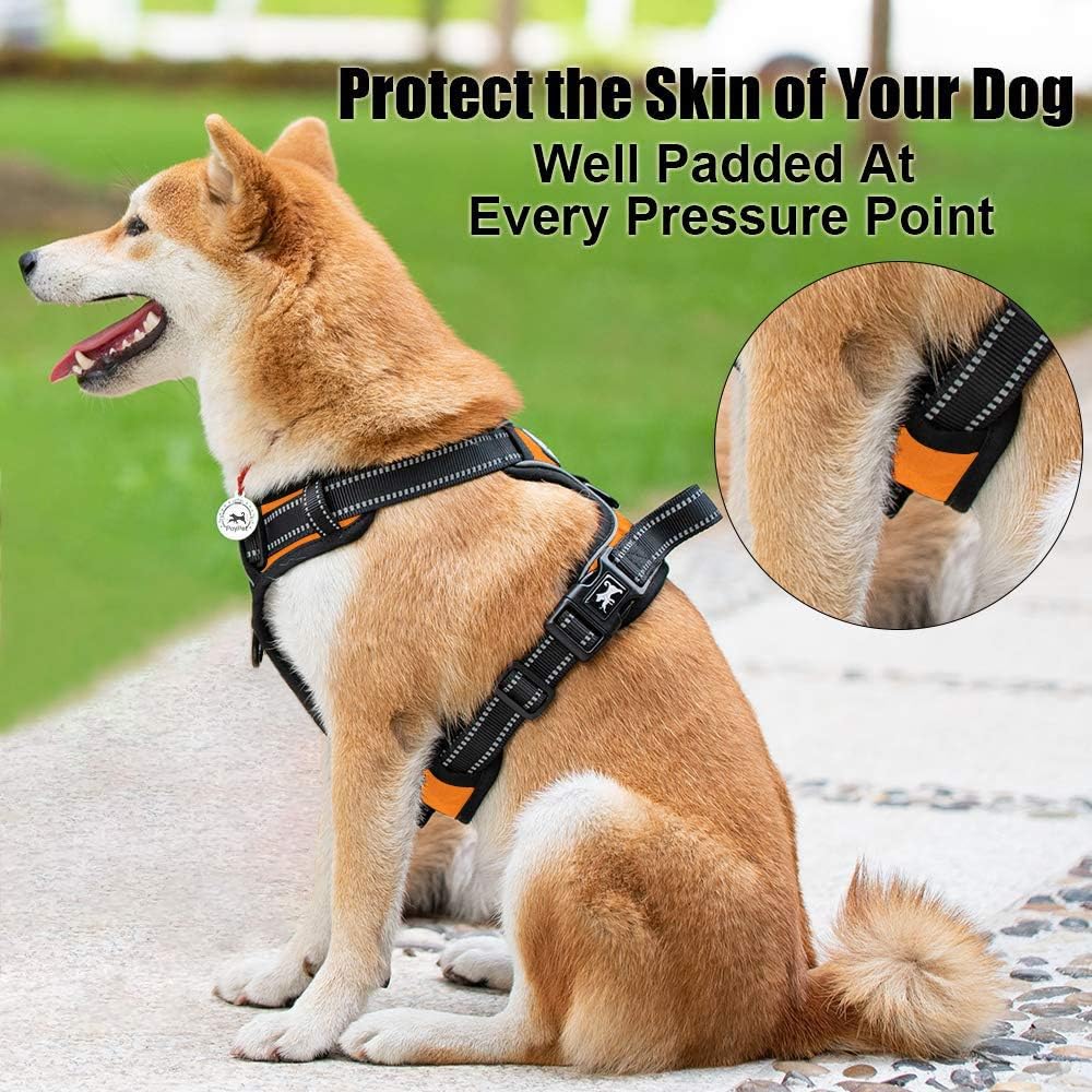 PoyPet No Pull Dog Harness, Reflective Comfortable Vest Harness with Front & Back 2 Leash Attachments and Easy Control Handle Adjustable Soft Padded Pet Vest for Small to Large Dogs (Orange,M)