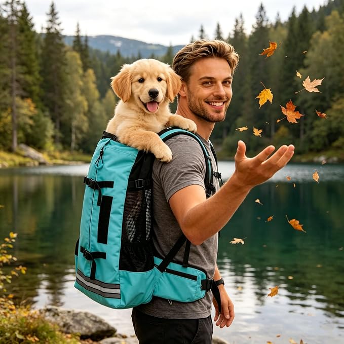 Big Dog Backpack Carrier, Green-M | Extra Large Pet Carrier for 66lbs Dogs, Fully Adjustable Water-Resistant Dog Travel Bag for Hiking Cycling Outdoor Adventures
