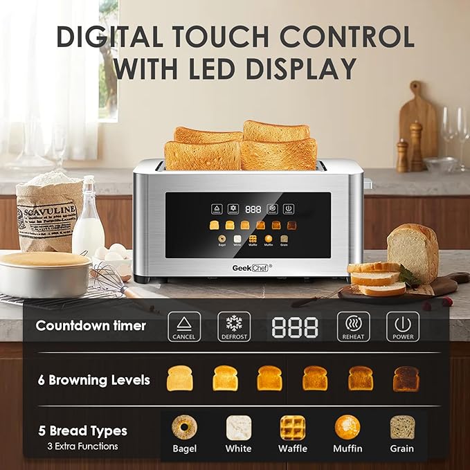 Geek Chef Long Slot Toaster 4 Slice, 1.5" Touch Screen Extra Wide Slots